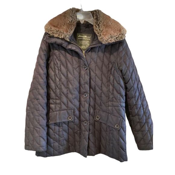 Eddie Bauer Womens Down Puffer Coat w Detachable Faux Fur Collar Black Sz S - Picture 1 of 10